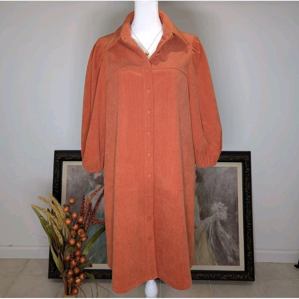 7 For All Mankind Corduroy Blouson‎ Sleeve Button Down Dress Burnt Orange Med
